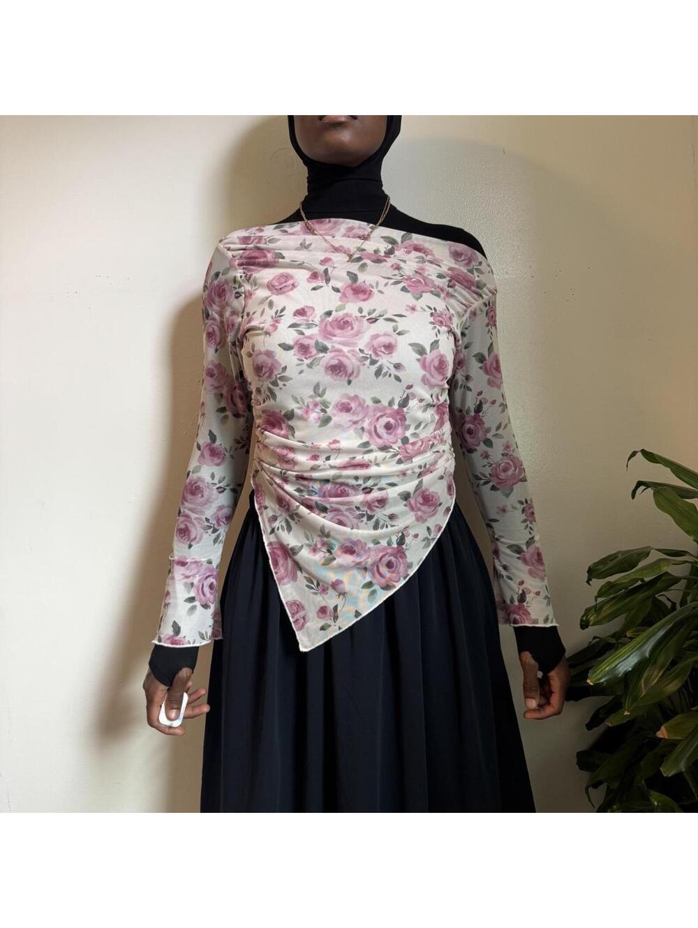 Pink rose Floral Asymmetrical Coquette Mesh Top
